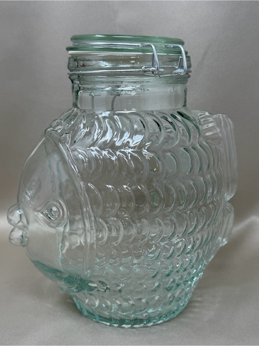 Vintage SVE Italy Glass Fish Jar Canister Clamp Lid Green Tint 8.5”